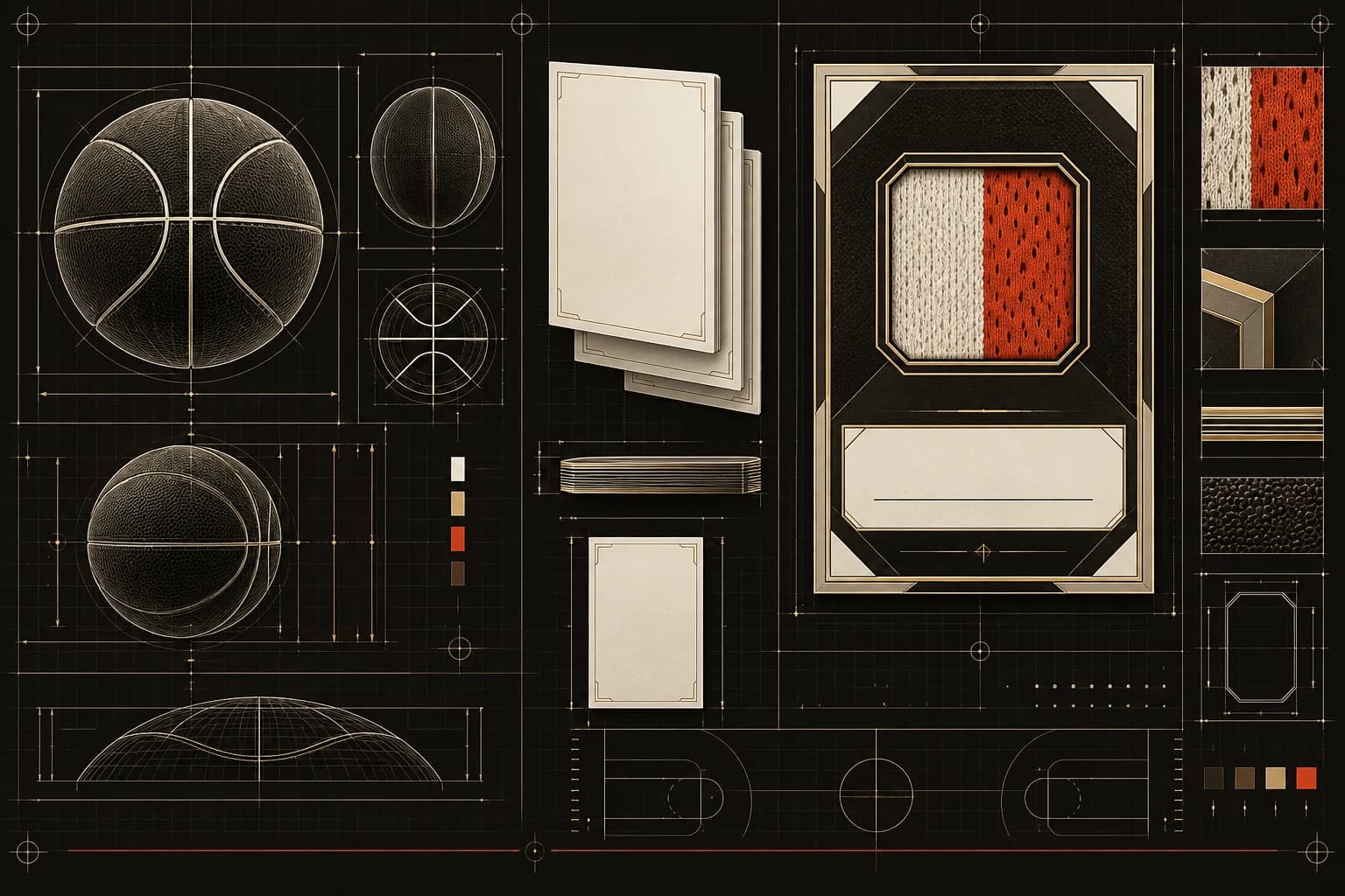 Technical blueprint of a basketball, blank premium cards, a framed card, and a geometric memorabilia window