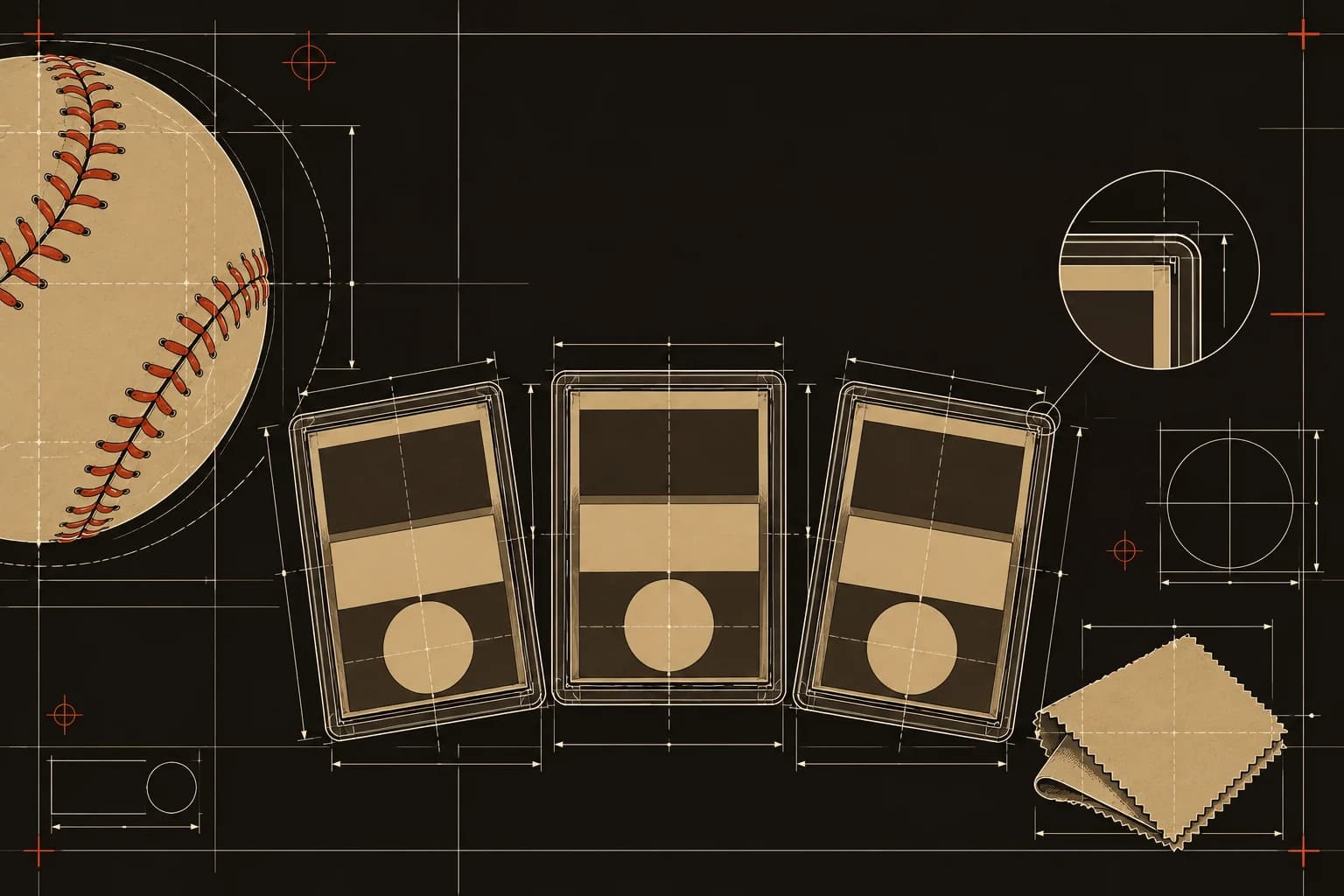 Dark technical blueprint of chrome card backs, a baseball, and a polishing cloth