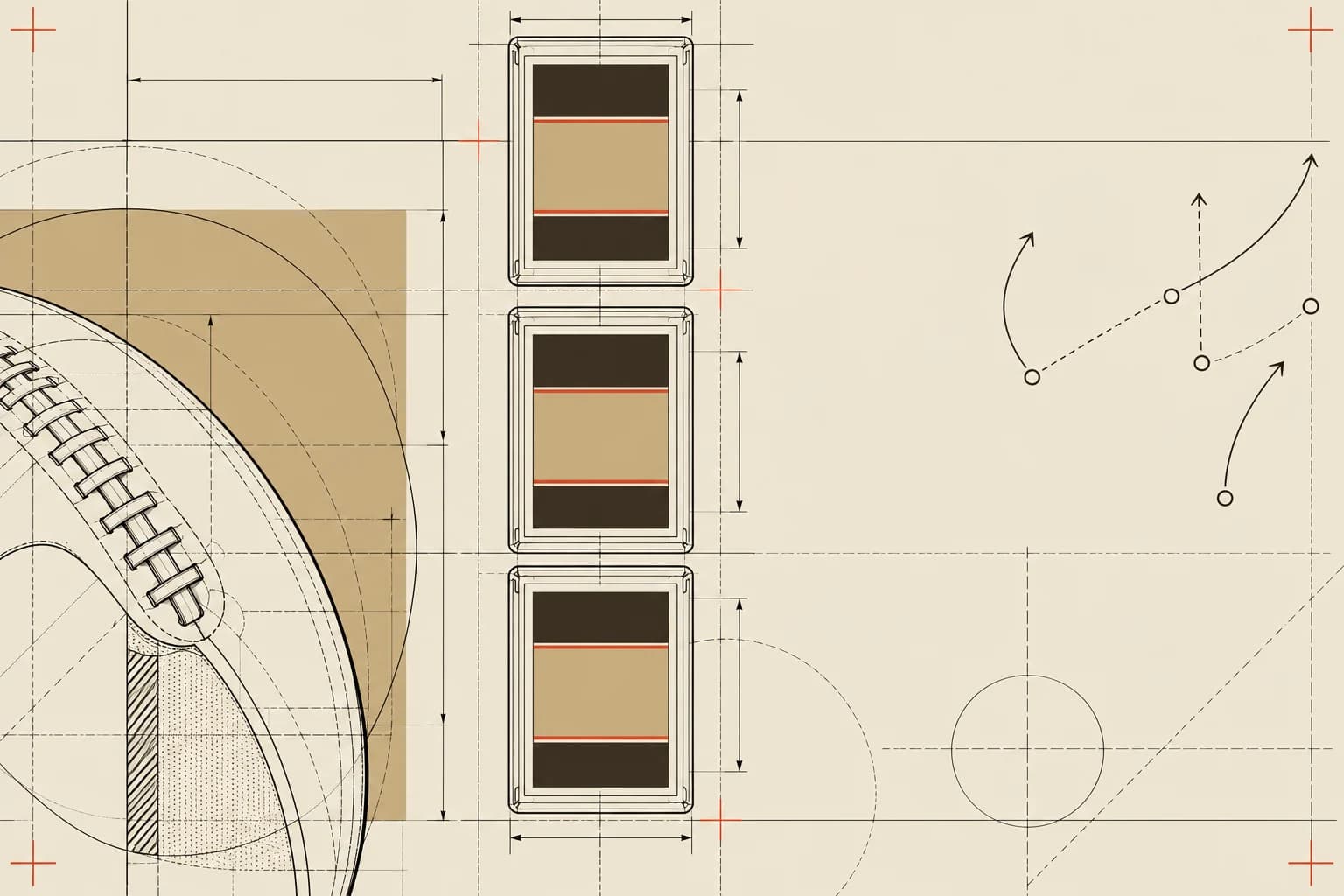 Technical blueprint of a football, sleeved card backs, and abstract play routes