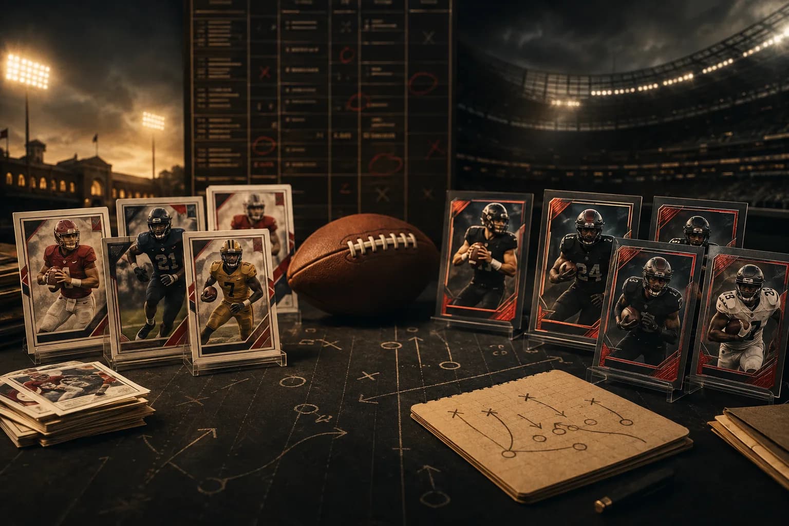 Editorial football card composition representing inserts, autographs, and parallels