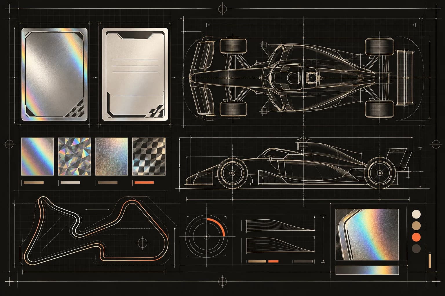 Technical blueprint of blank chrome cards, a generic open-wheel race car, a circuit, and refractor swatches