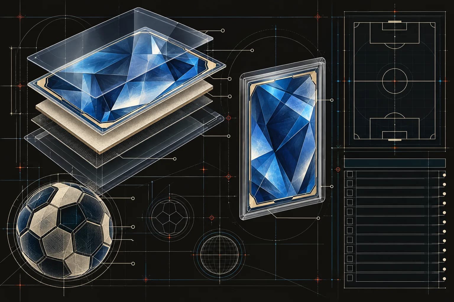 Editorial blueprint of generic blue faceted cards and protective layers beside a soccer pitch and checklist grid on a near-black background