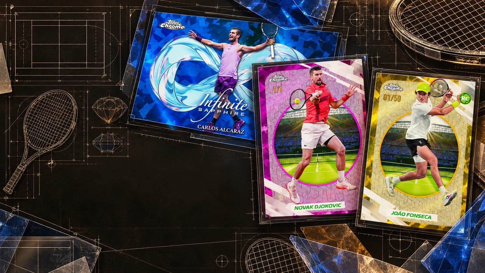 Official Djokovic, Alcaraz and Fonseca Topps Chrome Tennis Sapphire previews integrated into a dark CardBoard Report tennis blueprint