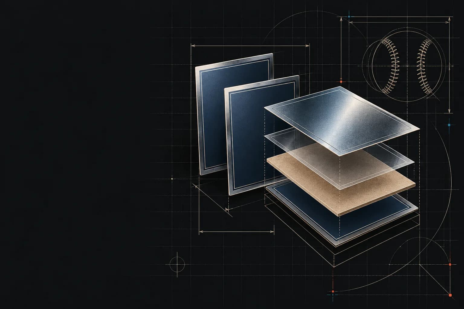 Original dark blueprint of blank metallic baseball cards, exploded card layers and precise cream construction lines