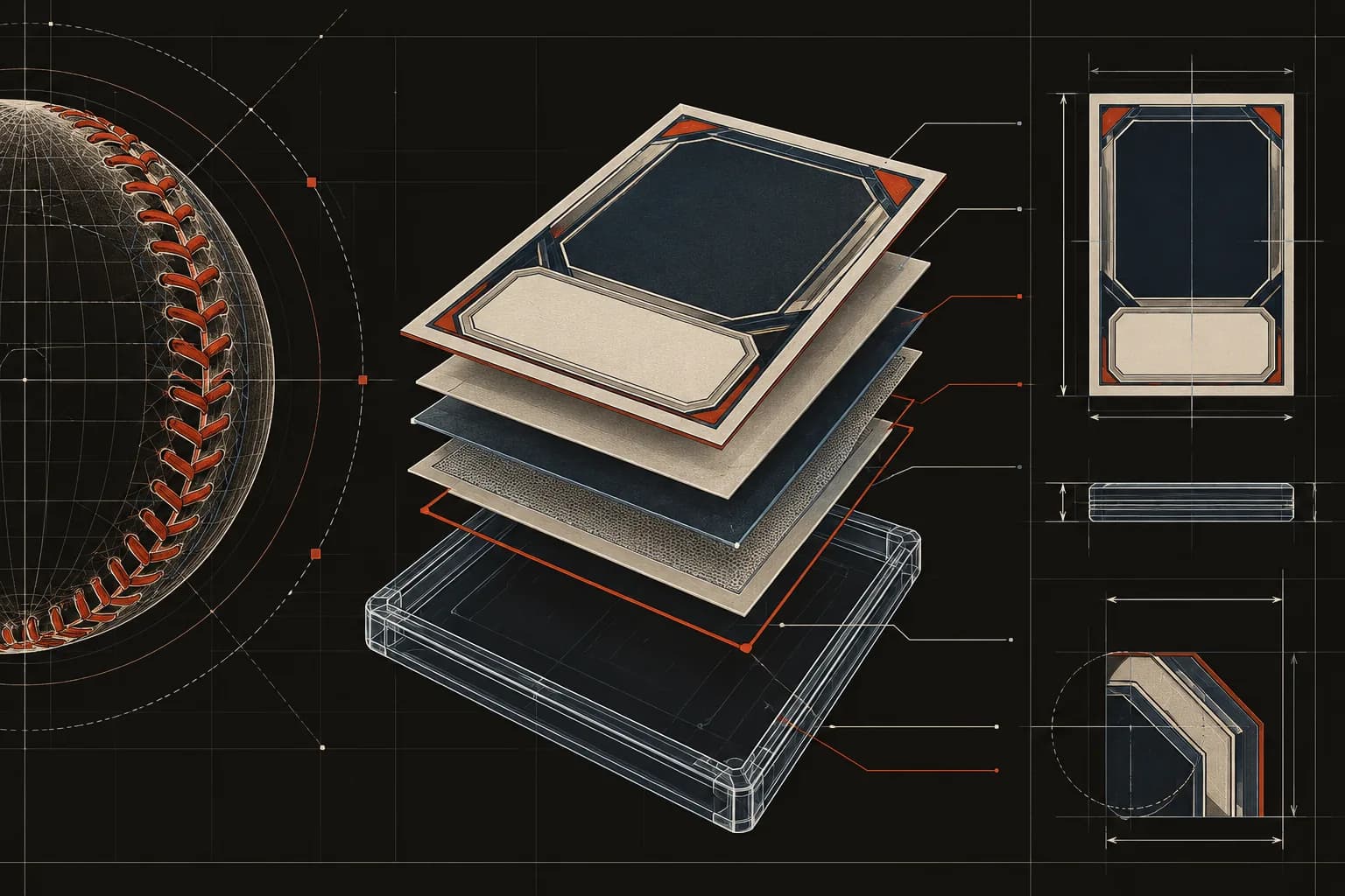 Technical blueprint of a generic thick baseball card, blank autograph panel, protective holder and exploded cardstock layers on a near-black grid