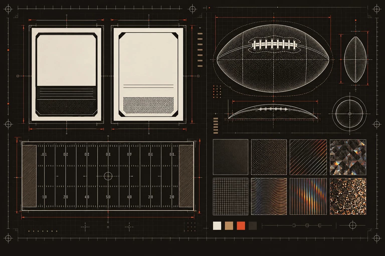 Technical blueprint of blank football card backs, an American football, field markings, and parallel pattern swatches