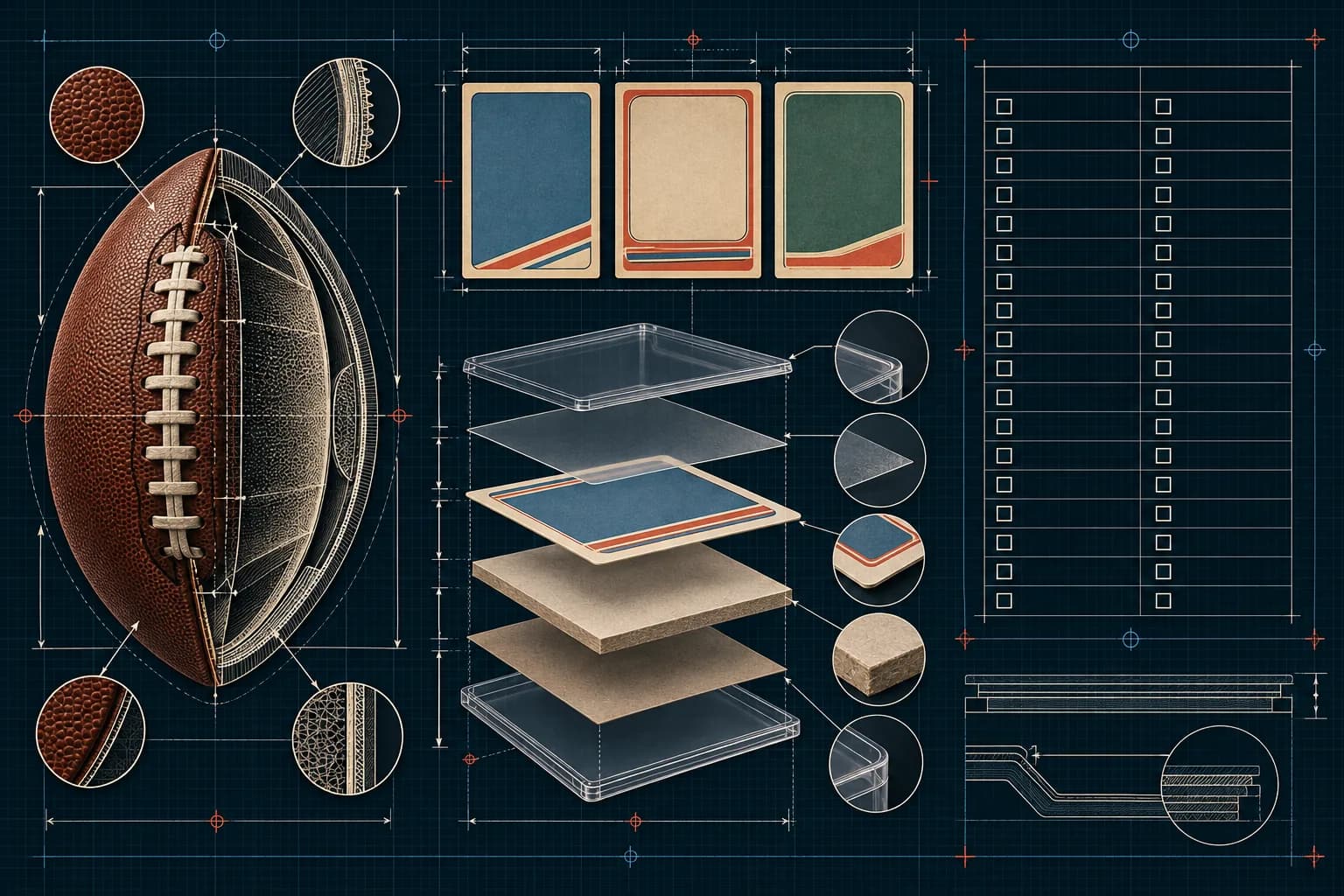 Dark technical blueprint of an American football, abstract vintage card frames, protective layers and a checklist grid