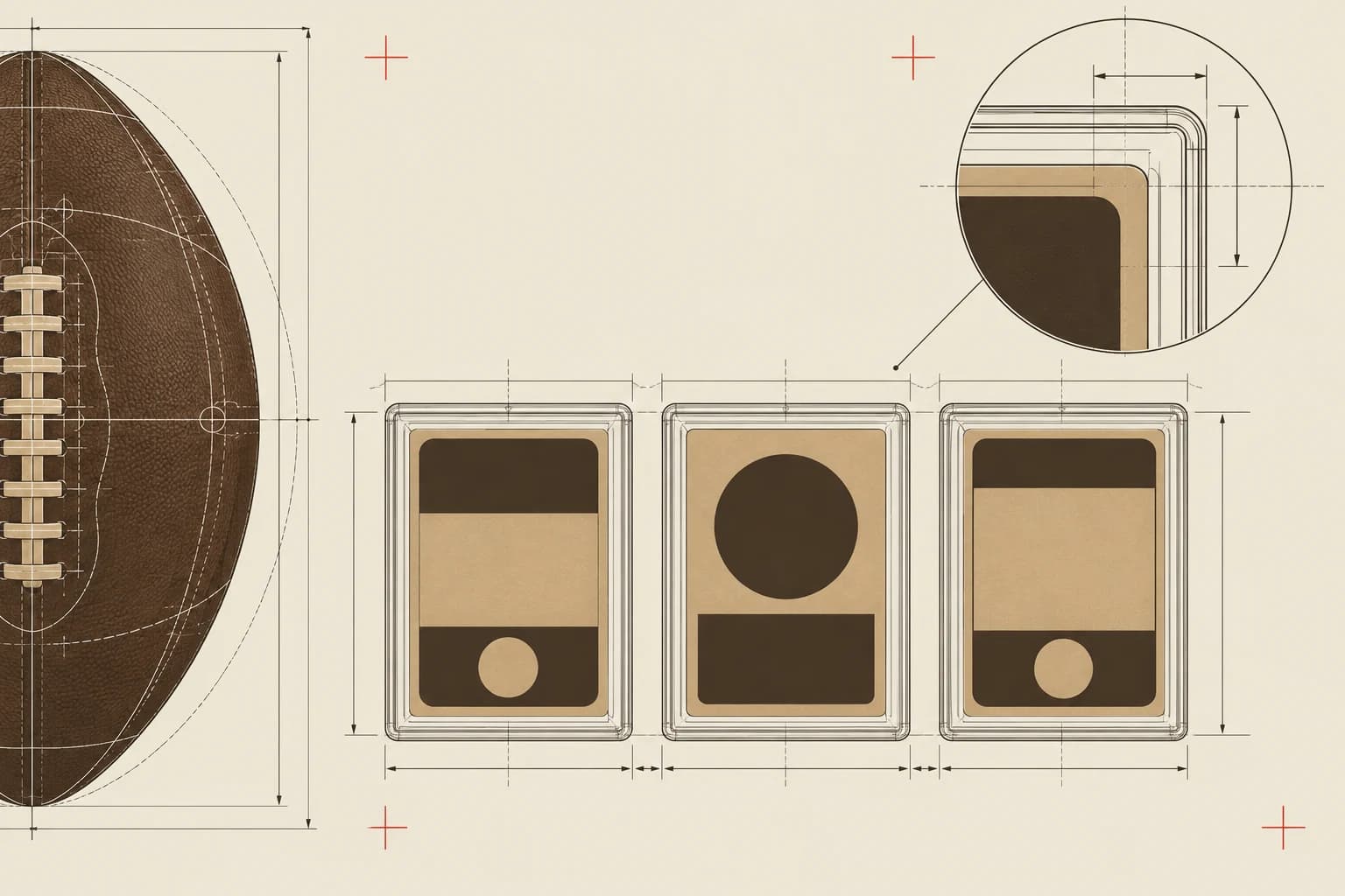 Technical blueprint of a vintage-style football and three blank trading-card backs
