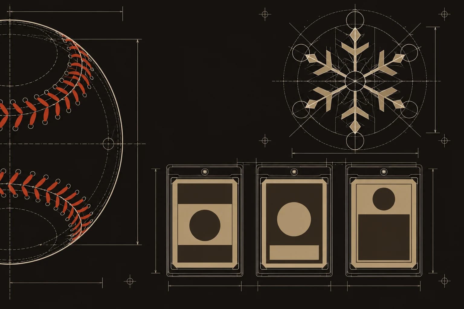 Dark technical blueprint of a baseball, three blank trading-card backs, and a geometric snowflake