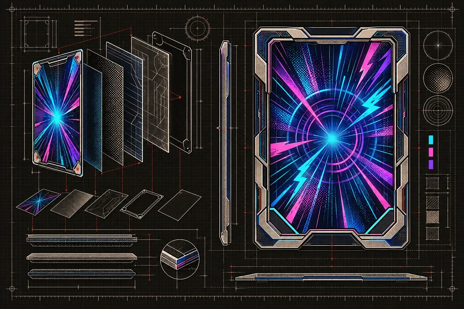 Technical blueprint of neon trading card layers with cyan, magenta, and violet energy patterns