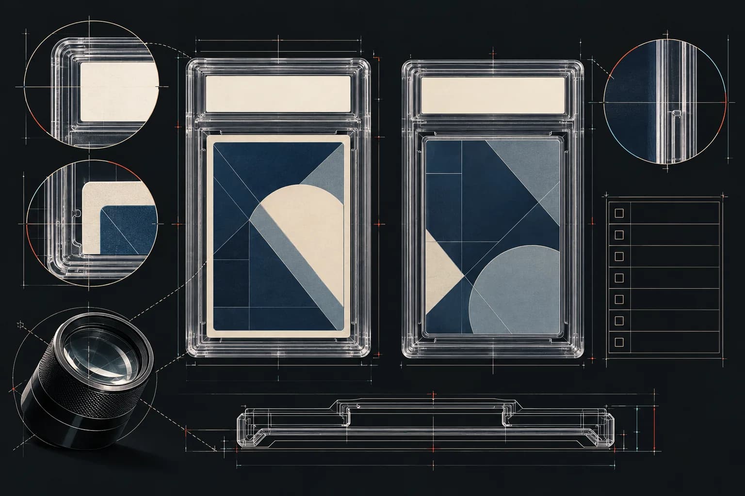Editorial blueprint of two generic card slabs with blank labels, a magnifying loupe, holder-seam callouts and a comparison grid