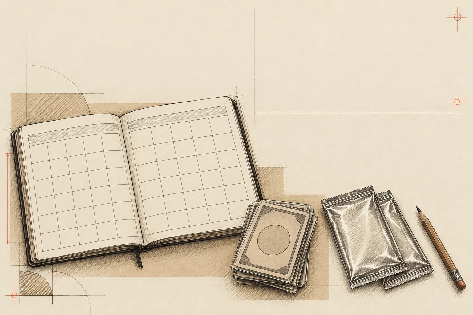 Editorial blueprint of a release planner and collectible card frames