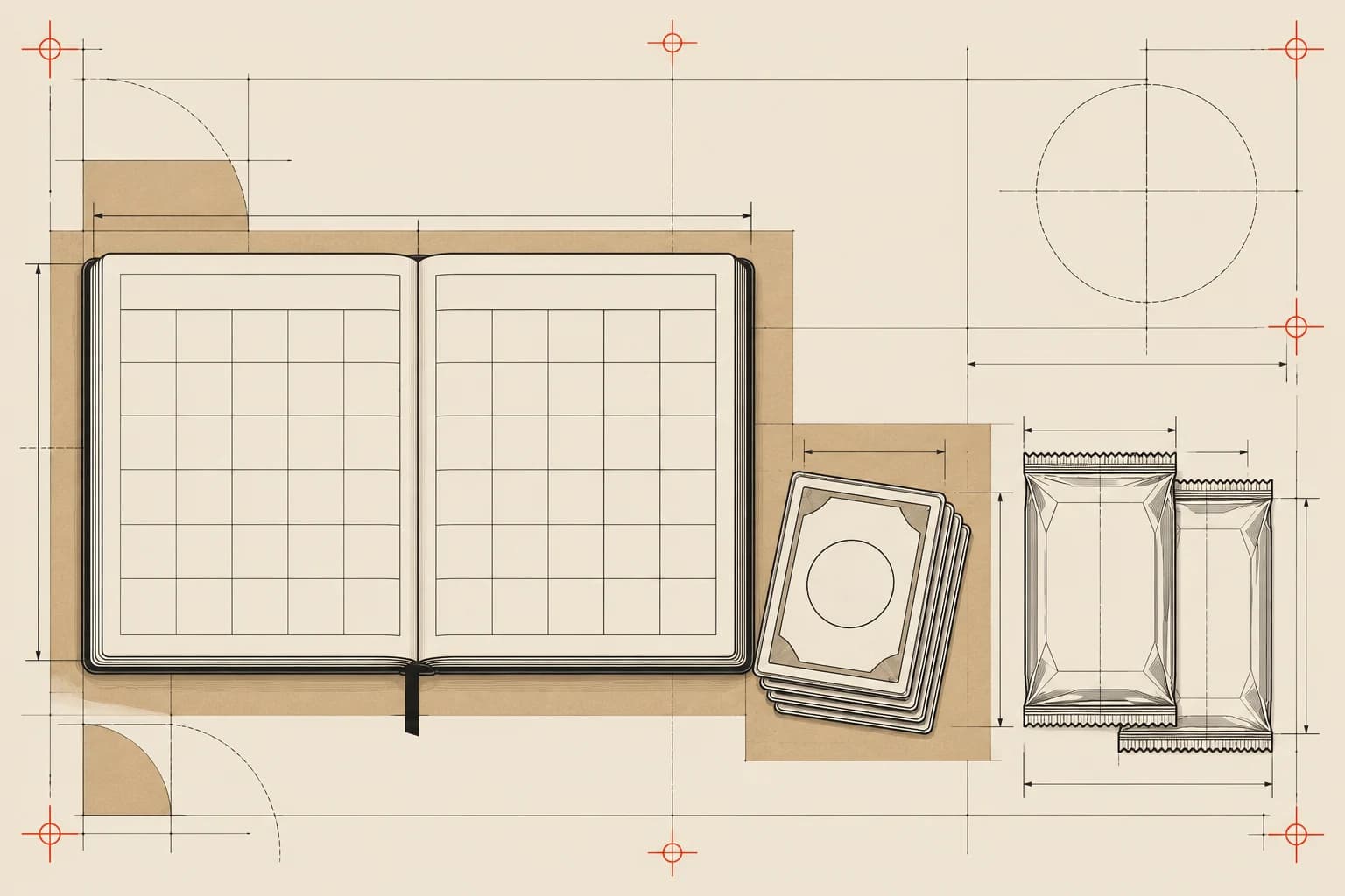 Technical blueprint of a blank release planner, sleeved card backs, and foil packs