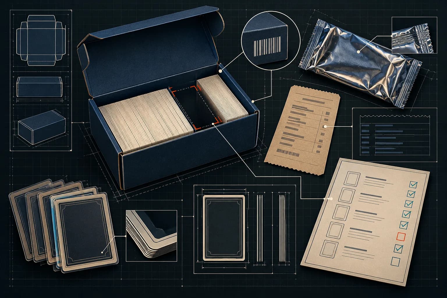 Technical blueprint of an opened generic card box, an empty card outline, saved wrapper, receipt and inspection checklist