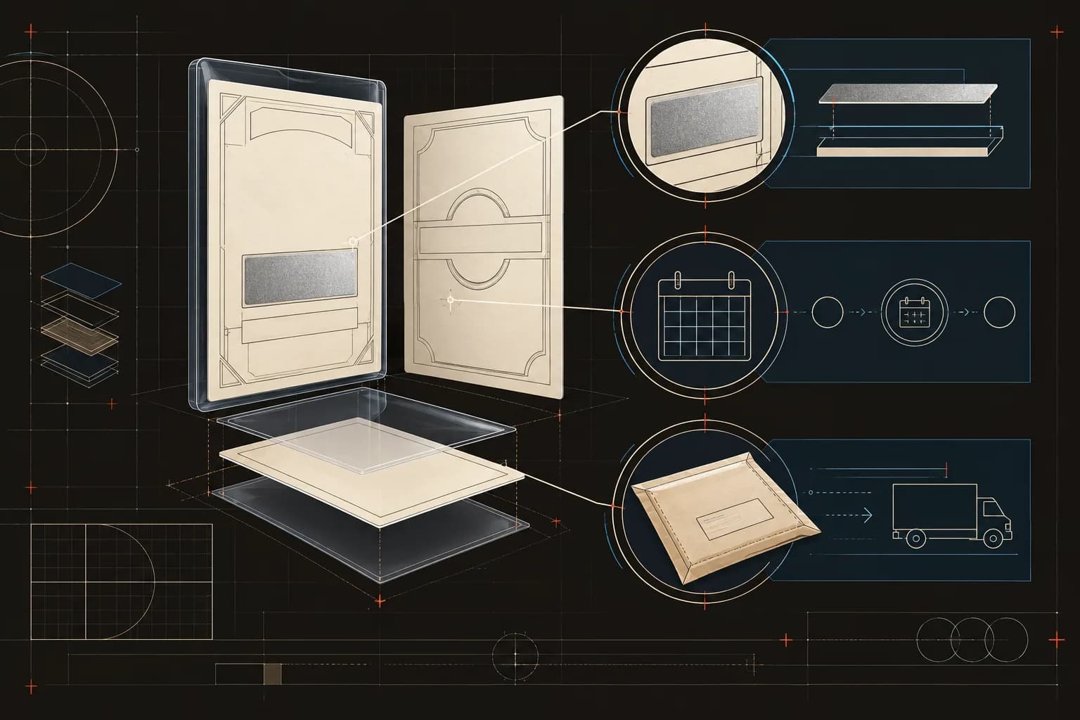 Editorial blueprint of generic redemption cards, a scratch-off panel, protective layers, and calendar and delivery callouts on a near-black grid