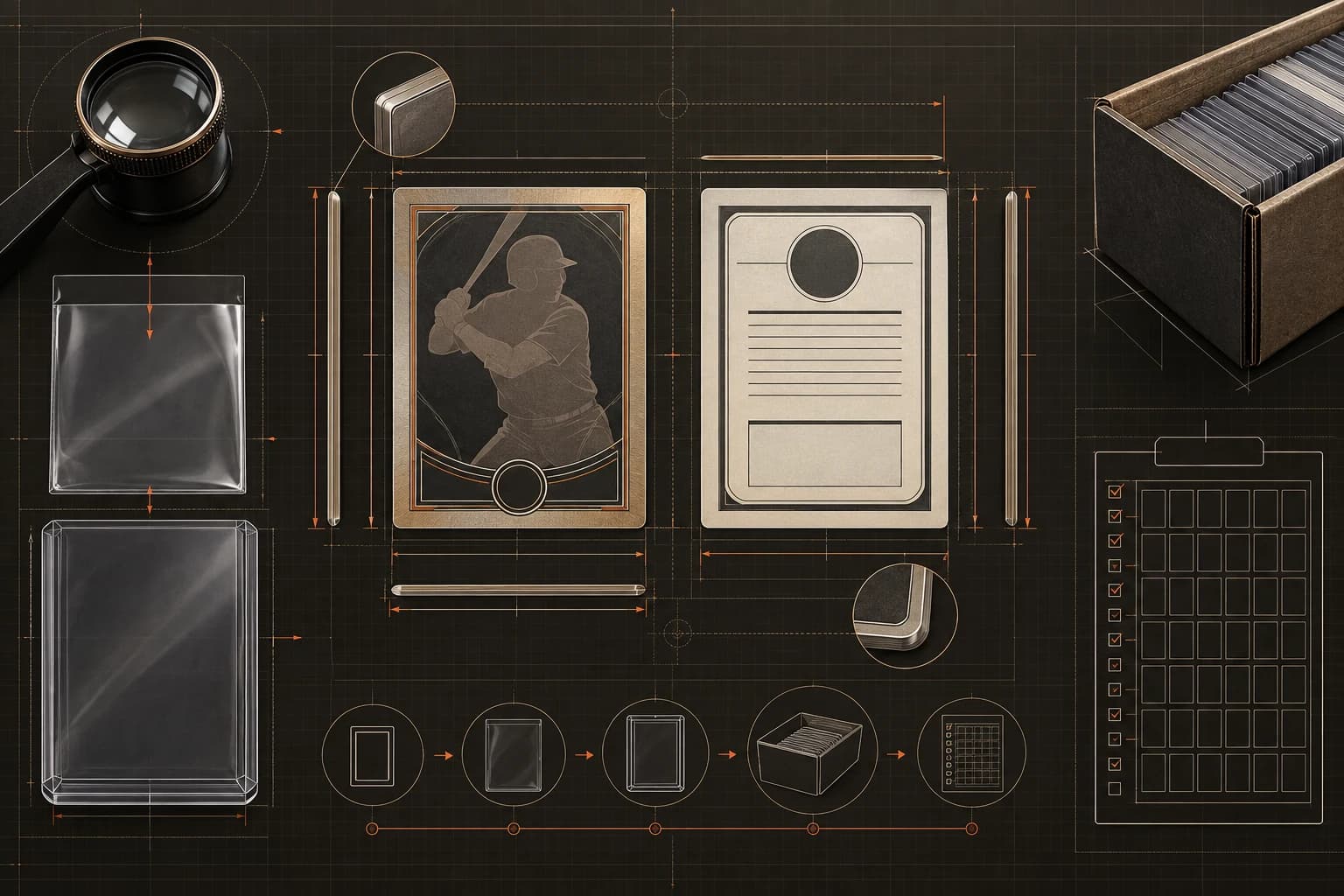 Technical blueprint showing the front and back anatomy of a generic trading card