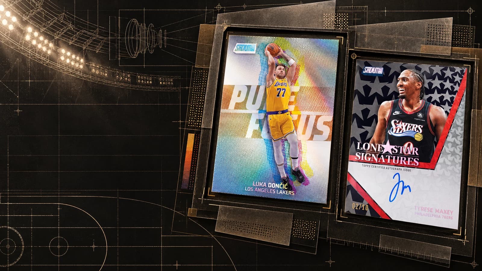 Official Luka Doncic and Tyrese Maxey Stadium Club preview cards mounted within a dark CardBoard Report photography blueprint