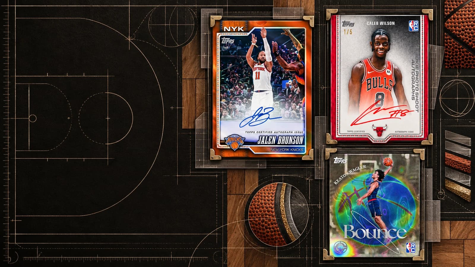 Official Jalen Brunson, Caleb Wilson and Keaton Wagler Topps Basketball previews mounted in a dark court blueprint