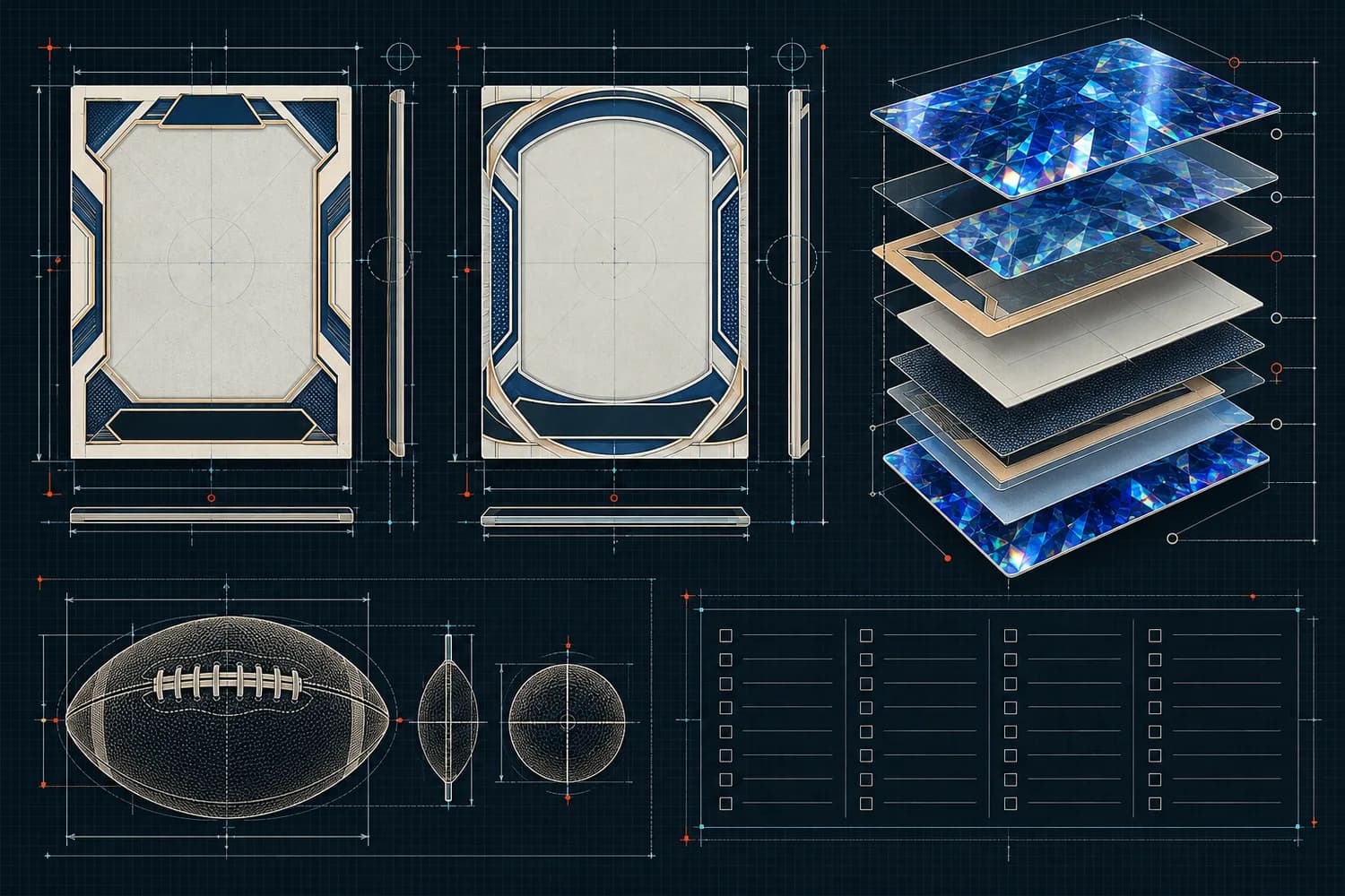 Precision blueprint of generic football card frames, sapphire-blue foil layers and a checklist matrix on a near-black drafting grid