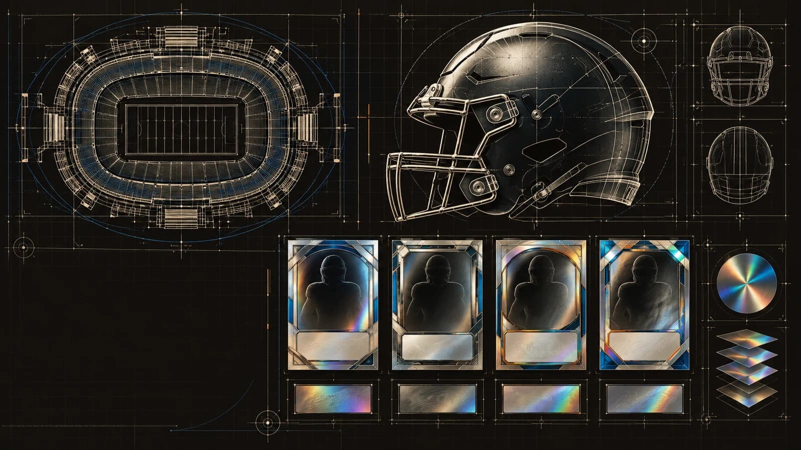 Dark technical blueprint of a football stadium, helmet and four generic chromium prospect-card frames