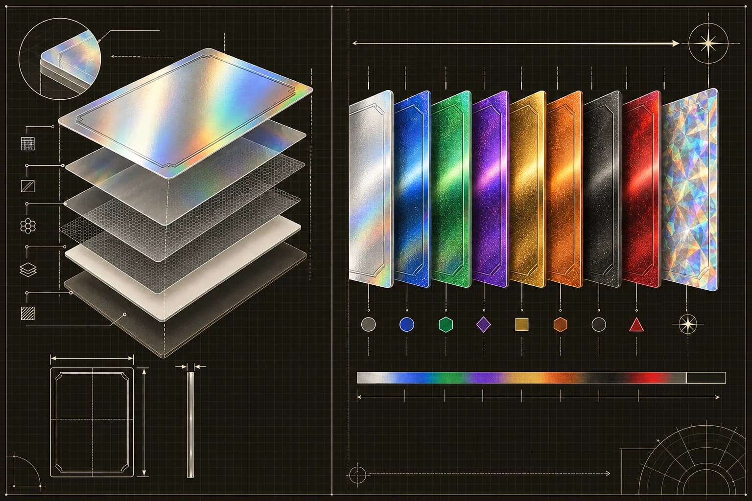Technical exploded view of a blank chrome card beside a progression of colored refractor finishes