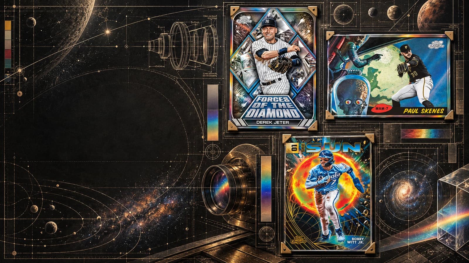 Official Derek Jeter, Paul Skenes and Bobby Witt Jr. Cosmic Chrome preview cards mounted in a dark observatory blueprint