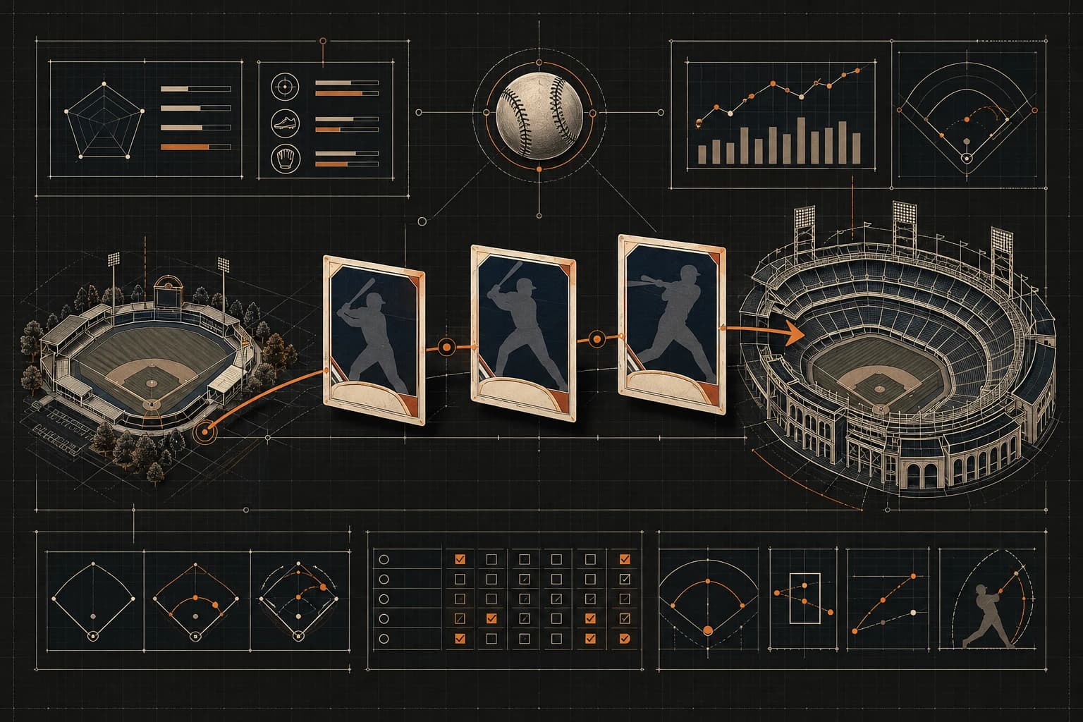Dark technical blueprint tracing generic prospect cards from a small baseball park toward a larger stadium