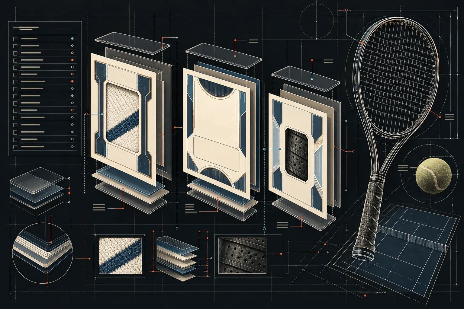 Technical blueprint of generic tennis cards with fabric and grip-material windows, protective layers, a racket, ball and checklist