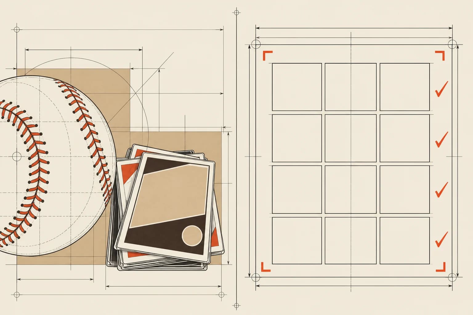 Technical split-layout blueprint of a baseball, sleeved card backs, and blank checklist