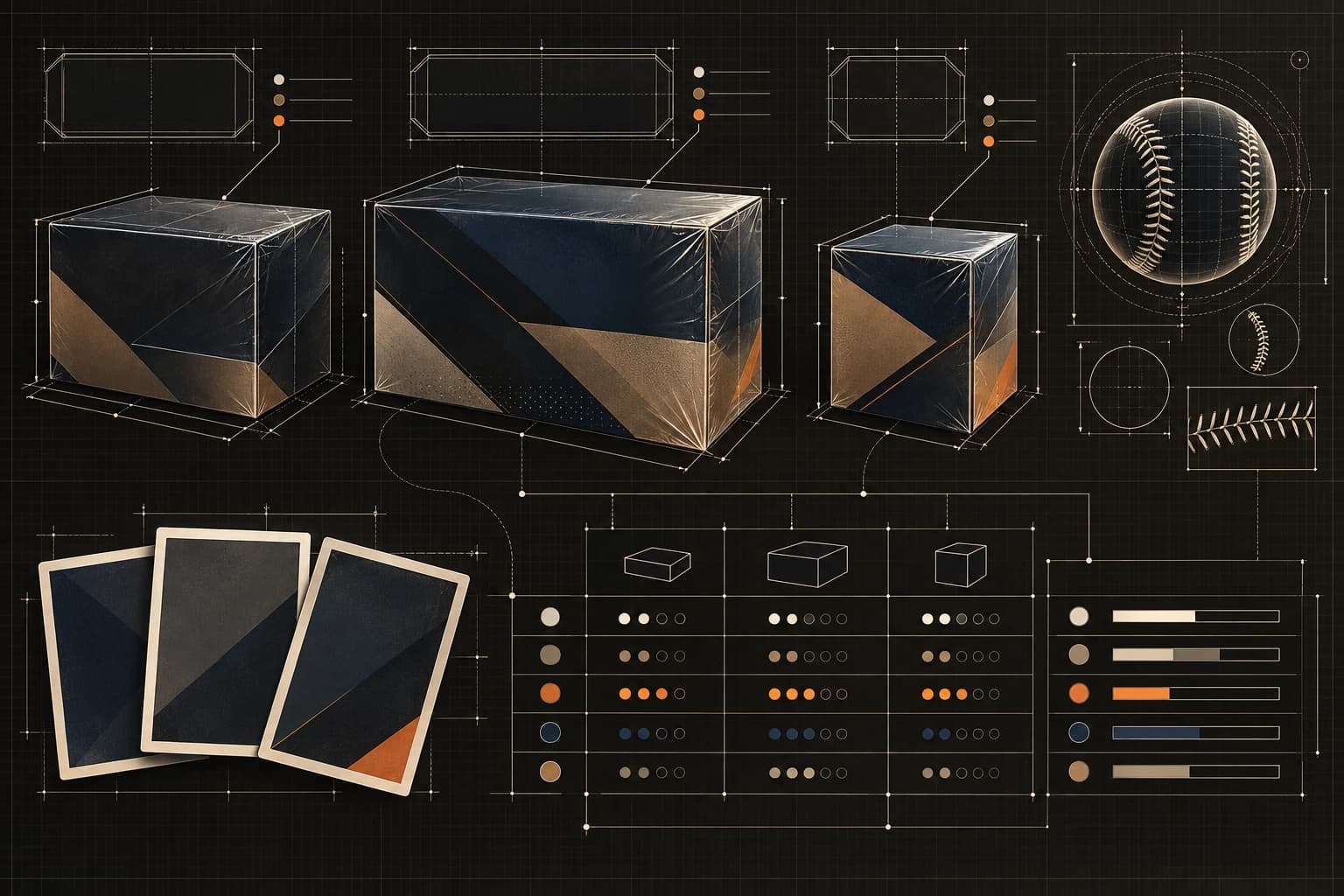 Dark technical blueprint comparing three generic baseball card box formats, blank cards and an odds matrix