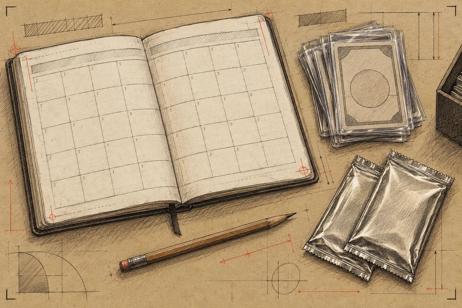Editorial release-calendar blueprint with trading card frames