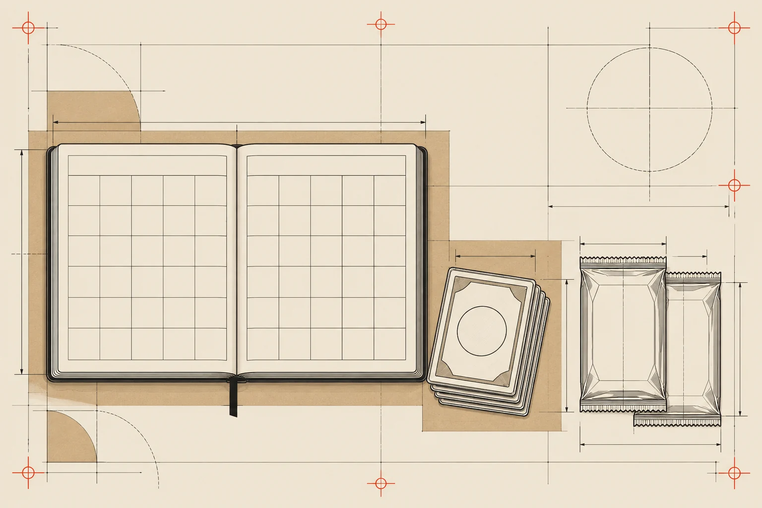 Blueprint-style trading card release planning board